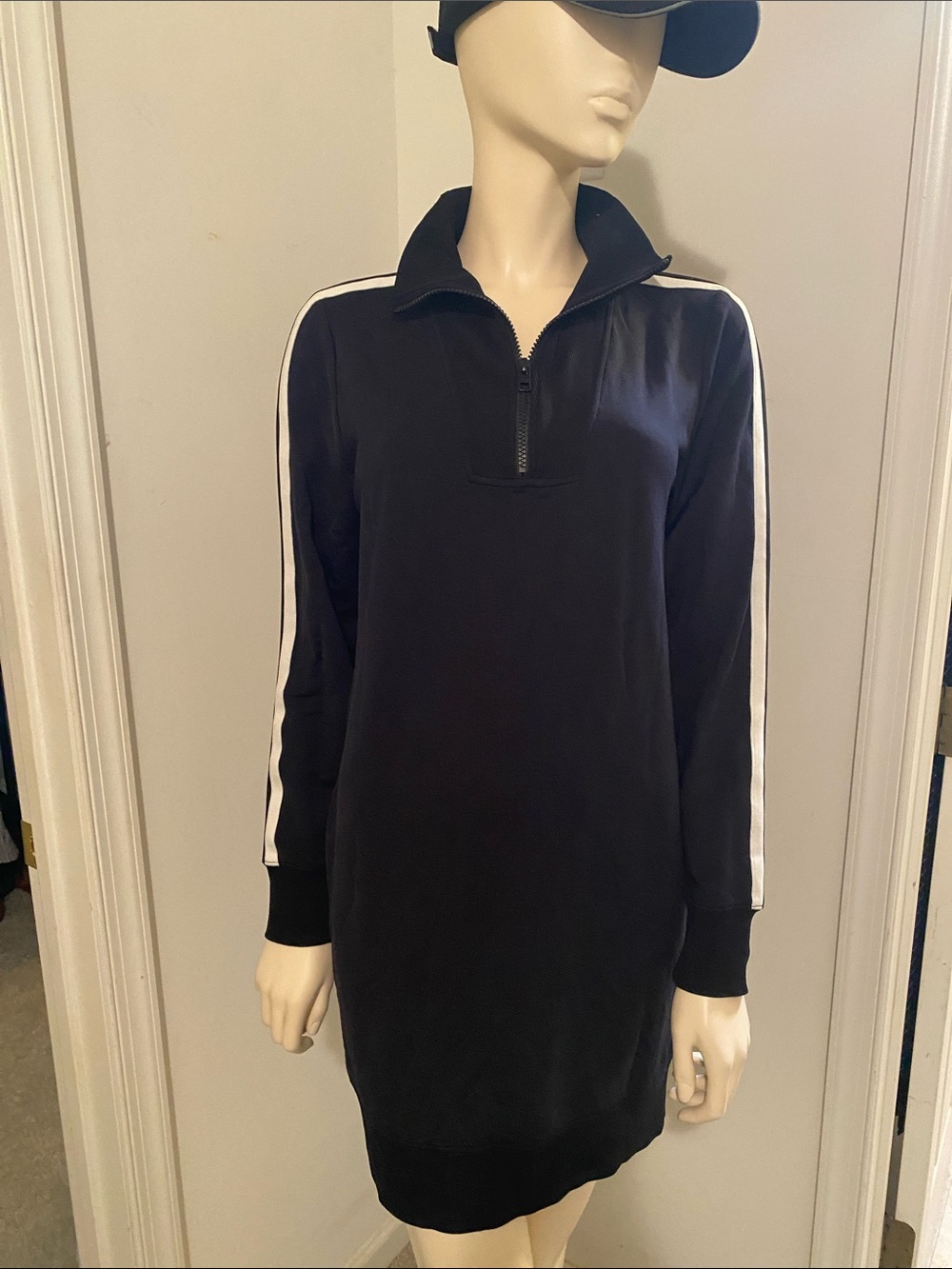 Athleta Black Quarter-Zip Long-Sleeve Dress with White Sleeve Stripes